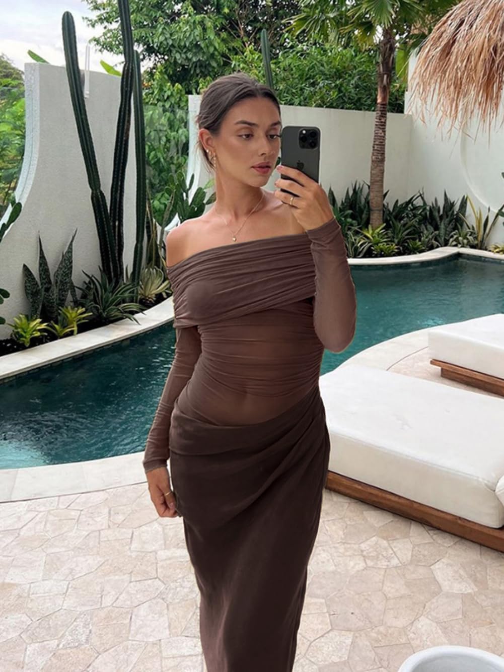 Vestido Mujer Manga Larga con Hombros Descubiertos Elegante Vestidos Largo de Fiesta Sexy Vestido Ajustado de Malla Transparente Otoño Bodycon Plisado Maxi Vestido para Cóctel Boda Ceremonia