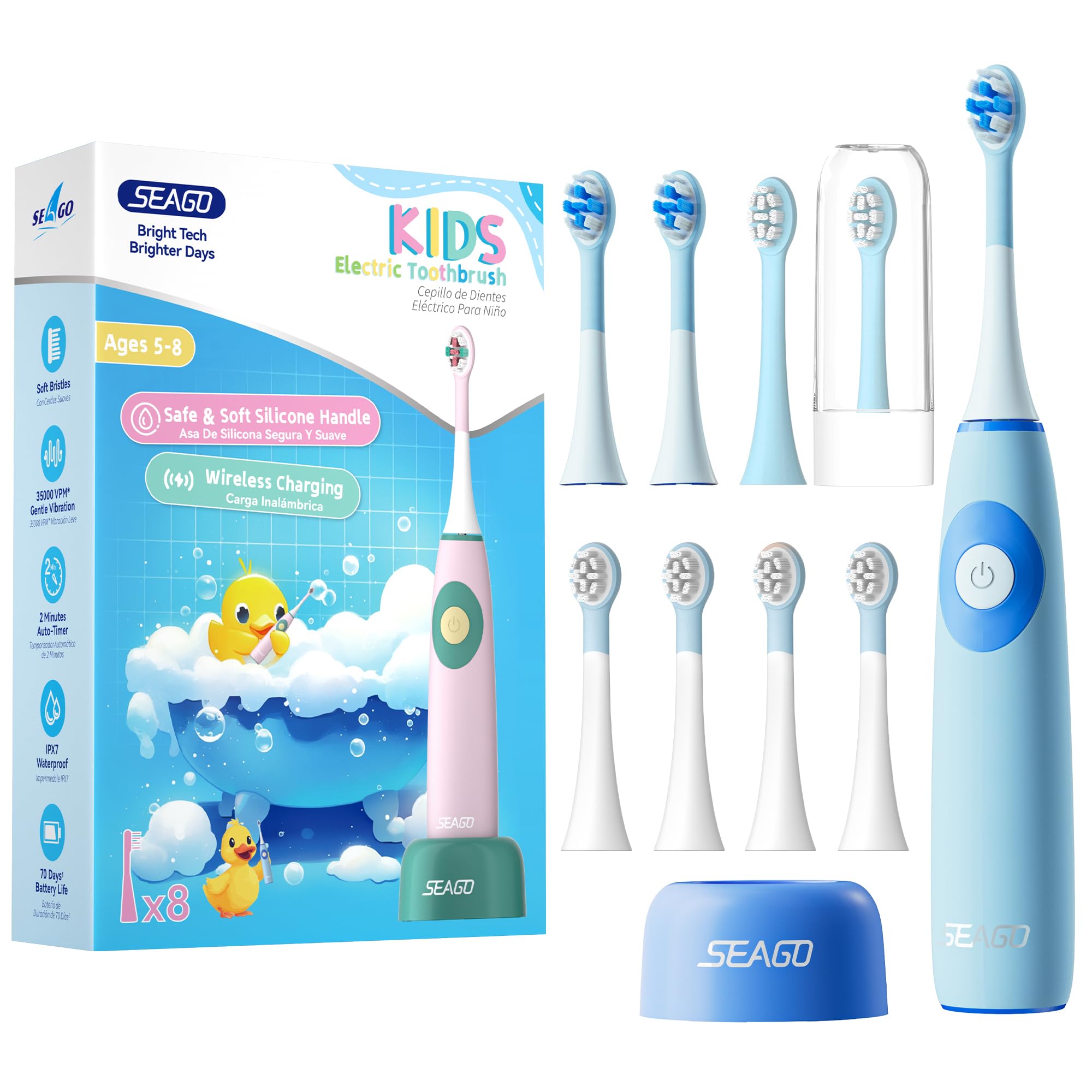 Seago Spazzolino da denti elettrico per bambini dai 5 ai 8 anni, Spazzolino da denti elettrico per bambini con stazione di ricarica, senza BPA, manico antiscivolo in silicone alimentare, (Blu)