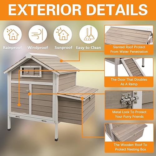 Miniatura 9 de Gowoodhut Conejera de gallinero con bandejas extraíbles, gallinero elevado con caja nido, jaula de madera para aves de corral al aire libre, casa