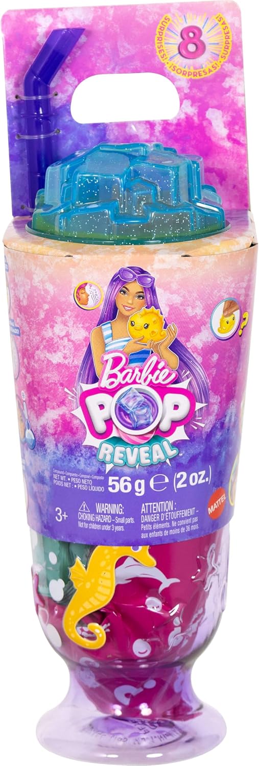 Barbie Pop Reveal Doll & Accessories, Sea Slushy Series Fashion Doll & Pet, 8 Surprises Includes Sensory Slime, and Color Change Hair​​