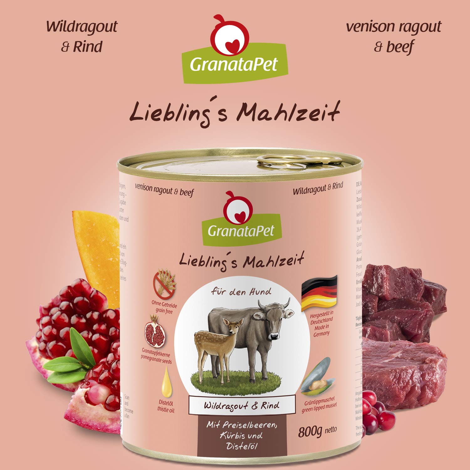 GranataPet Pasto preferito, ragù e manzo, cibo umido per cani, cibo per cani senza cereali e senza zucchero, alimento completo, 6 x 800 g & Pasto preferito Agnello e Patata, Alimento umido per cani
