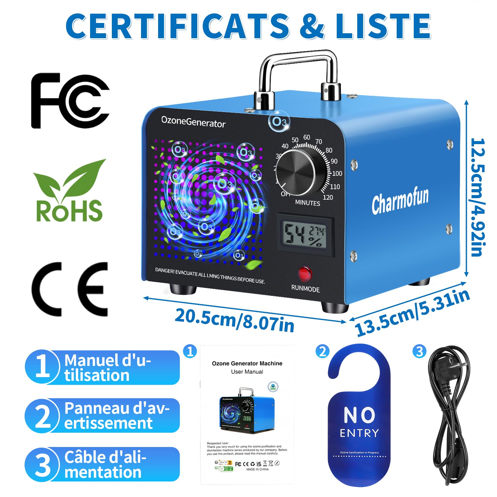 Charmofun Générateur d'Ozone Domestique 60000 mg/h, Machine à Ozone avec Affichage de la Température et de l'Humidité, Générateur d'Ozone Purificateur d'Air pour Cuisine, Voitures, Fumée (Bleu)
