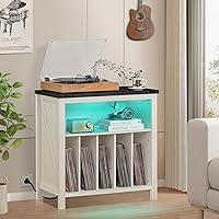 Vista 5 de Large Record Player Stand with Charging Station & LED Lights, White Vinyl Record Storage Table Holds up to 230 Albums, Turntable Stand with Display