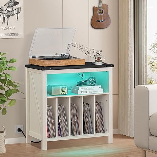 Miniatura 5 de Soporte grande para tocadiscos con estación de carga y luces LED, mesa de almacenamiento de discos de vinilo blanco con capacidad para hasta 230
