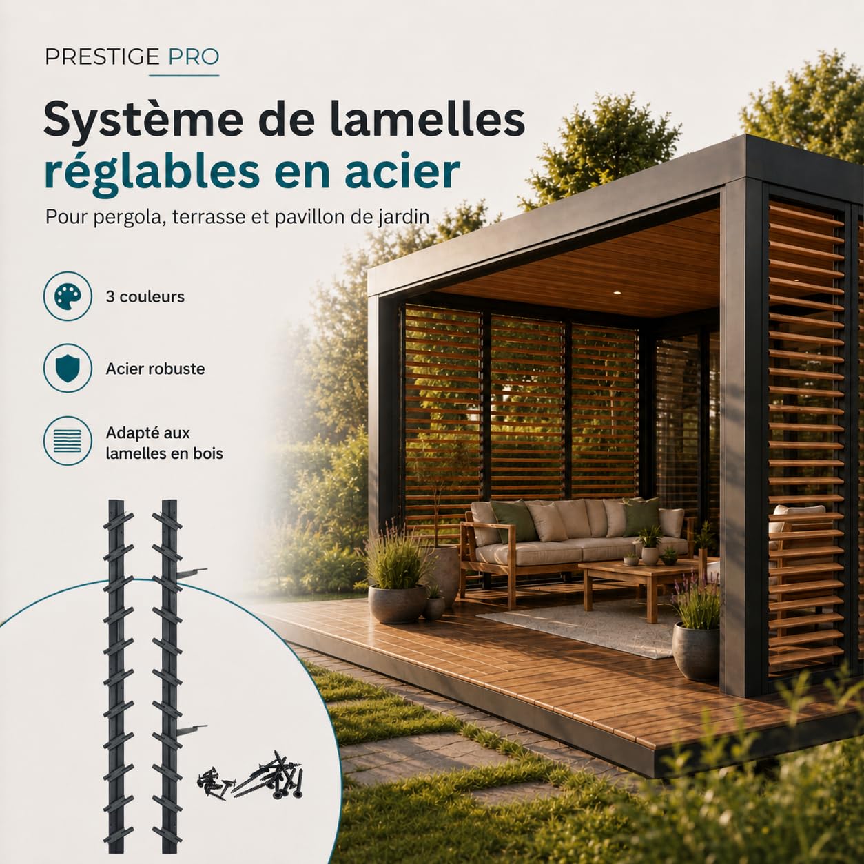 Prestige Ostaszewska ShutterPRO - système de supports en acier galvanisé pour 11 lames orientables | 100 cm | Anthracite | Kit sans lames pour brise-vue de terrasse, pergola et balcon