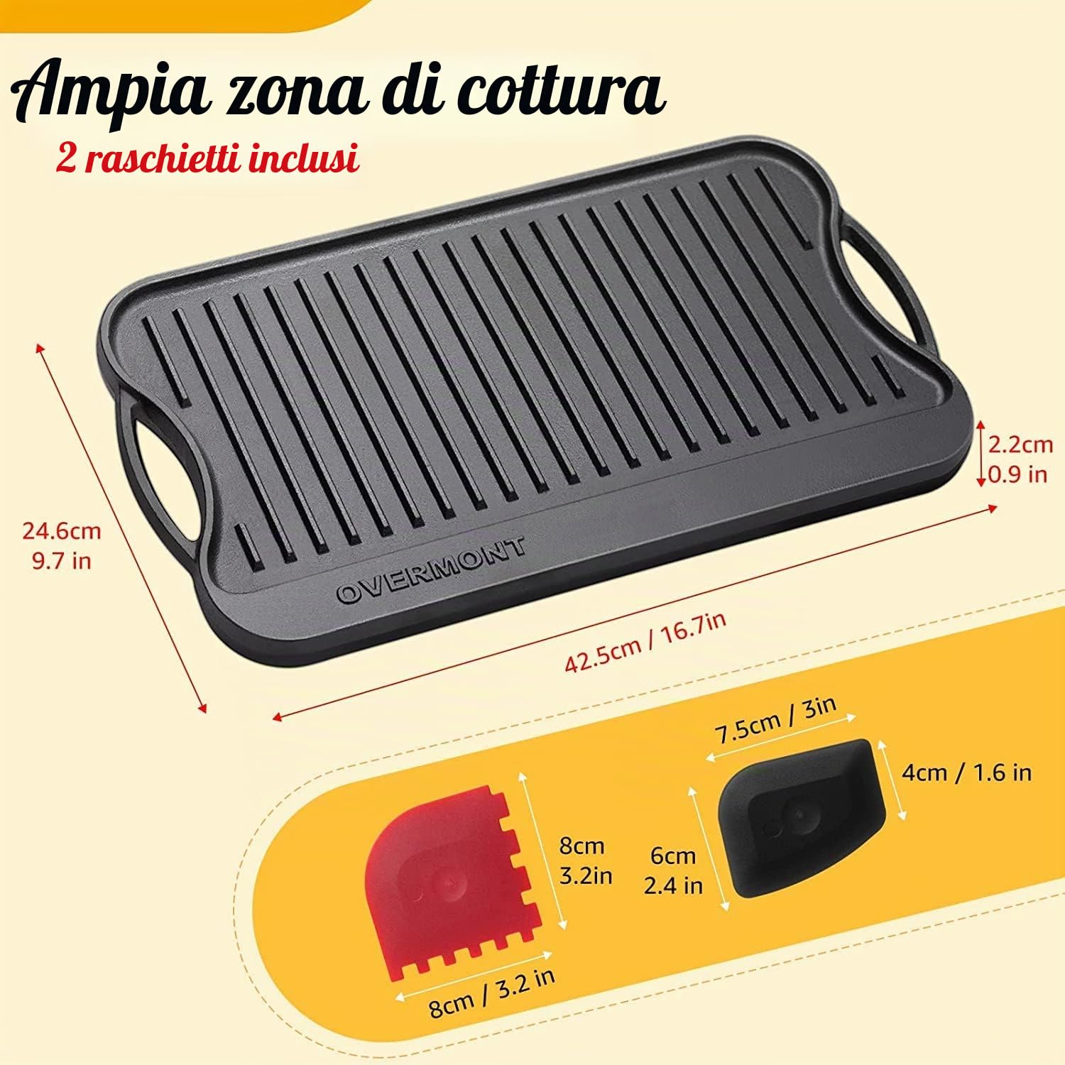 OVERMONT Bistecchiera reversibile in ghisa pre-stagionata, con manici, per piano cottura a gas, forno a fuoco aperto, 43,18 x 24,89 cm, un vassoio, raschietti inclusi
