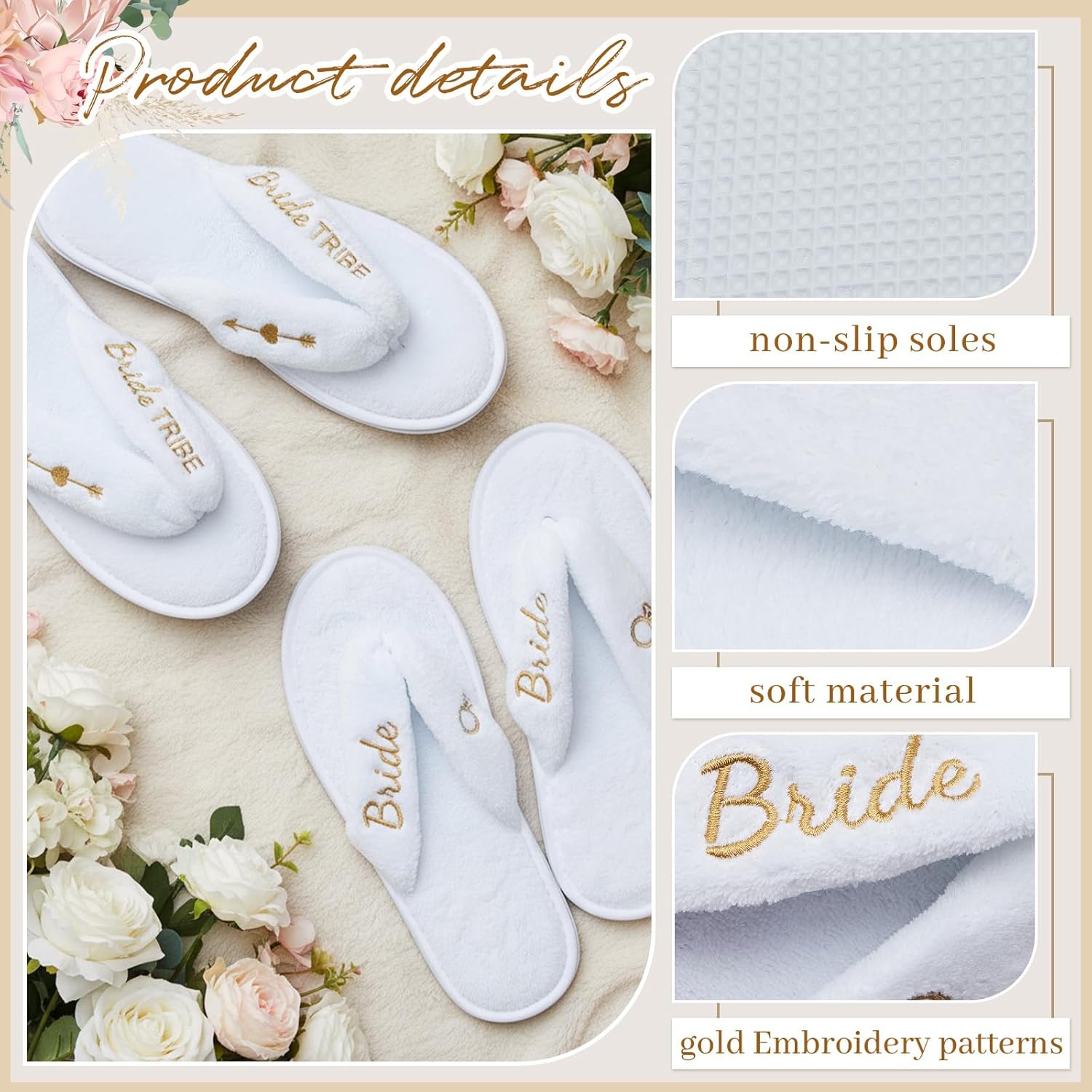 Ramede Wedding Flip Flops Bride Bridesmaid Slippers Coral Fleece Bride Tribe, Disposable Hotel Bridal Shower Gifts - Image 4