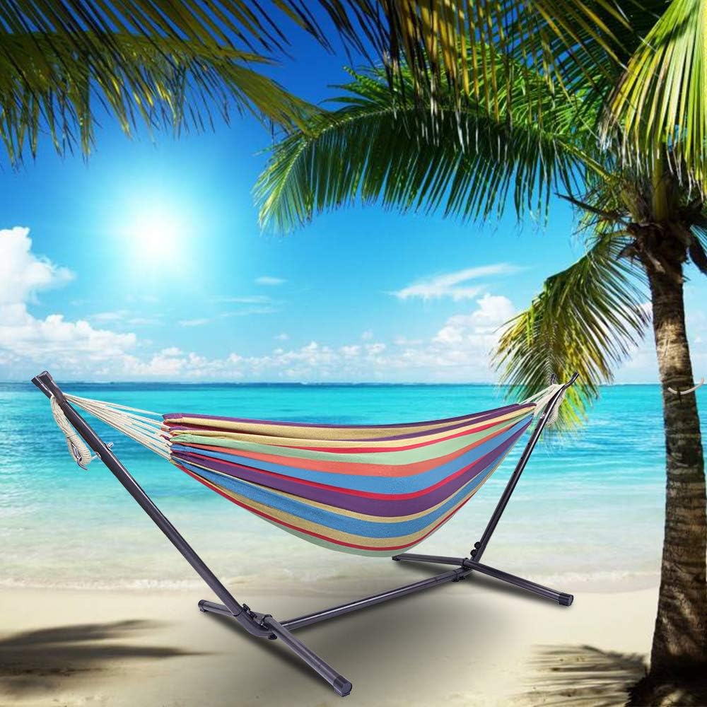 Double Hammock,Hammock Stand with Space Saving Steel Stand and Carrying Case,Portable Hammock,2-Person Standing Hammocks for Outdoor Camping Garden Yard Patio (Colorful)