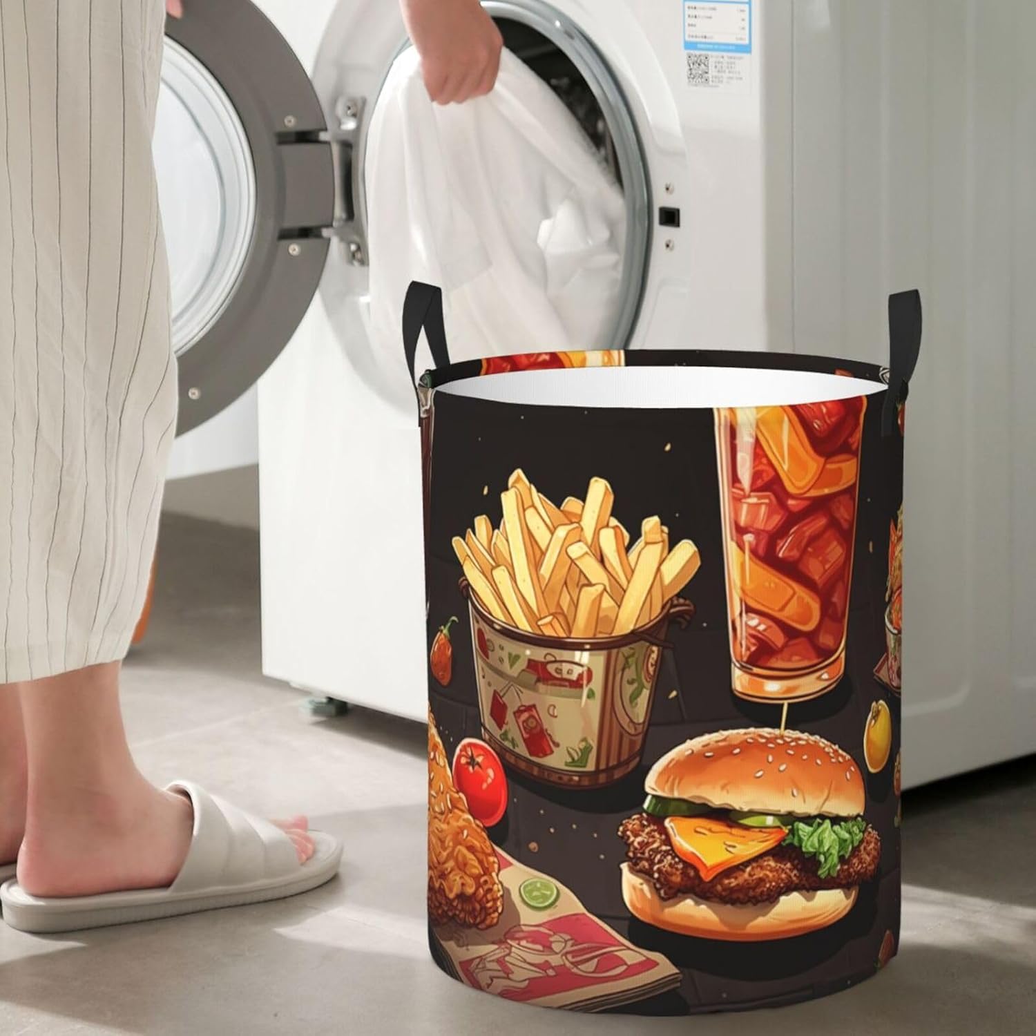 Chicken leg burger drink Laundry Basket With Handles, Foldable Laundry Hamper Oxford Cloth Dirty Clothes Basket Waterproof Clothes Toys Storage Bin Organizer for Bedroom Bathroom Dorm