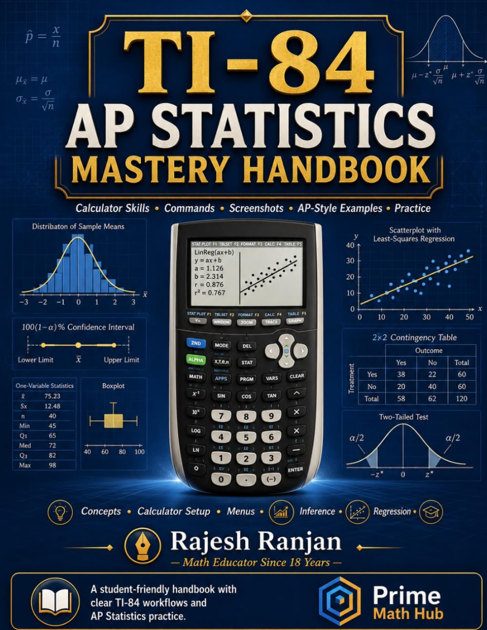 TI-84 AP Statistics Mastery Handbook: Step-by-Step Calculator Skills, AP Stats Commands, Worked Examples, Practice Sets, and Exam Strategies (Prime Math Hub AP Statistics Series)