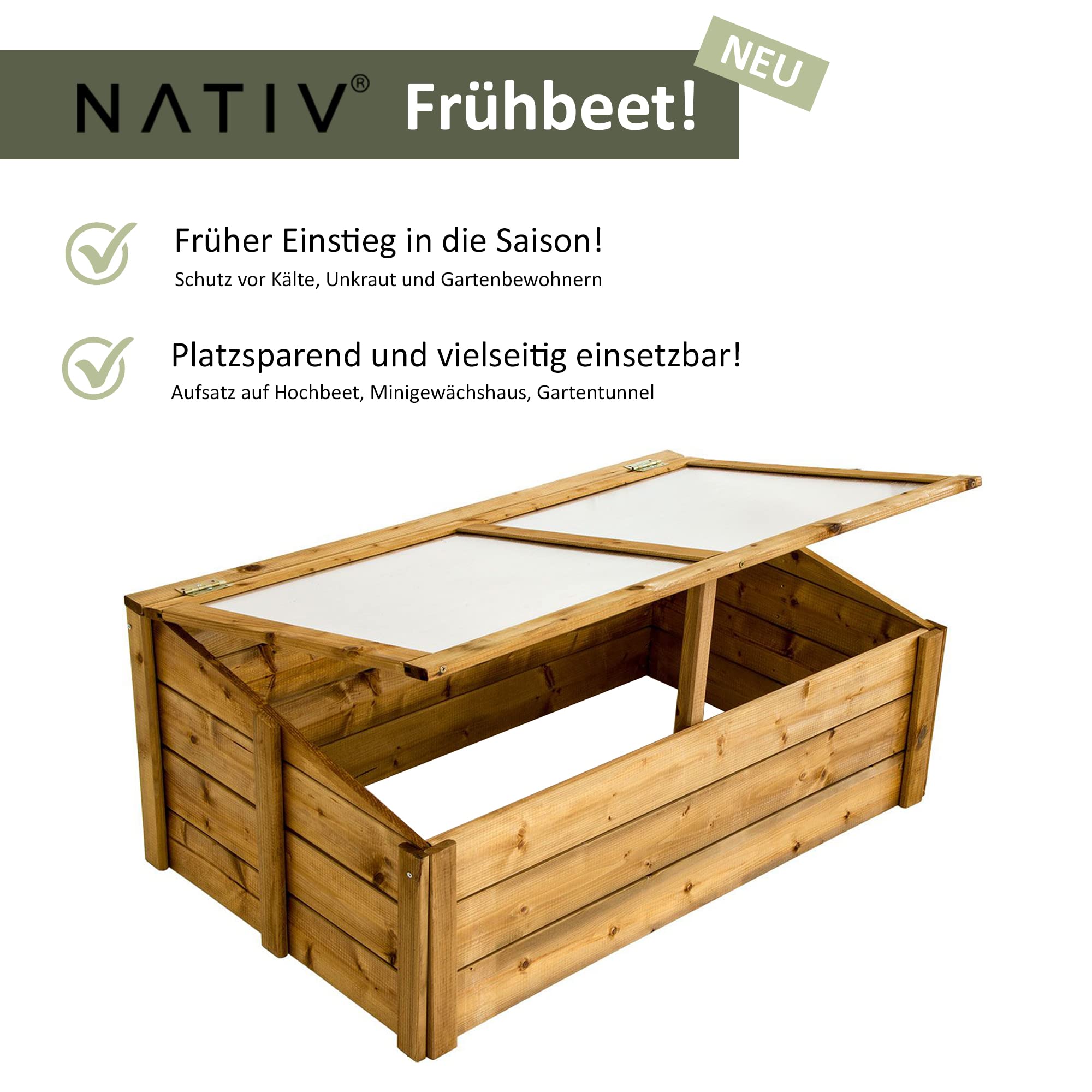 NATIV Frühbeet 100x60 cm | Frühbeetkasten mit Polycarbonatplatten | Frühbeet Aufsatz auch für Hochbeete geeignet | Mini Gewächshaus | teilweise vormontiertes Kräuterbeet (braun)