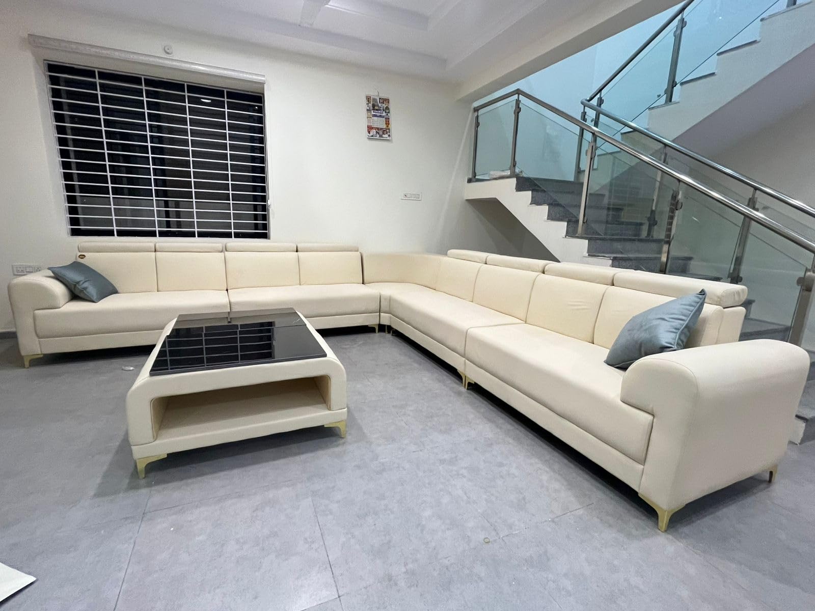 Taxzek Modern L-Shaped Sectional Sofa Set with Headrest, Coffee Table, Cream White Leather, Grey Accent Pillows 9-Seater Sofa for Living Room-image-13