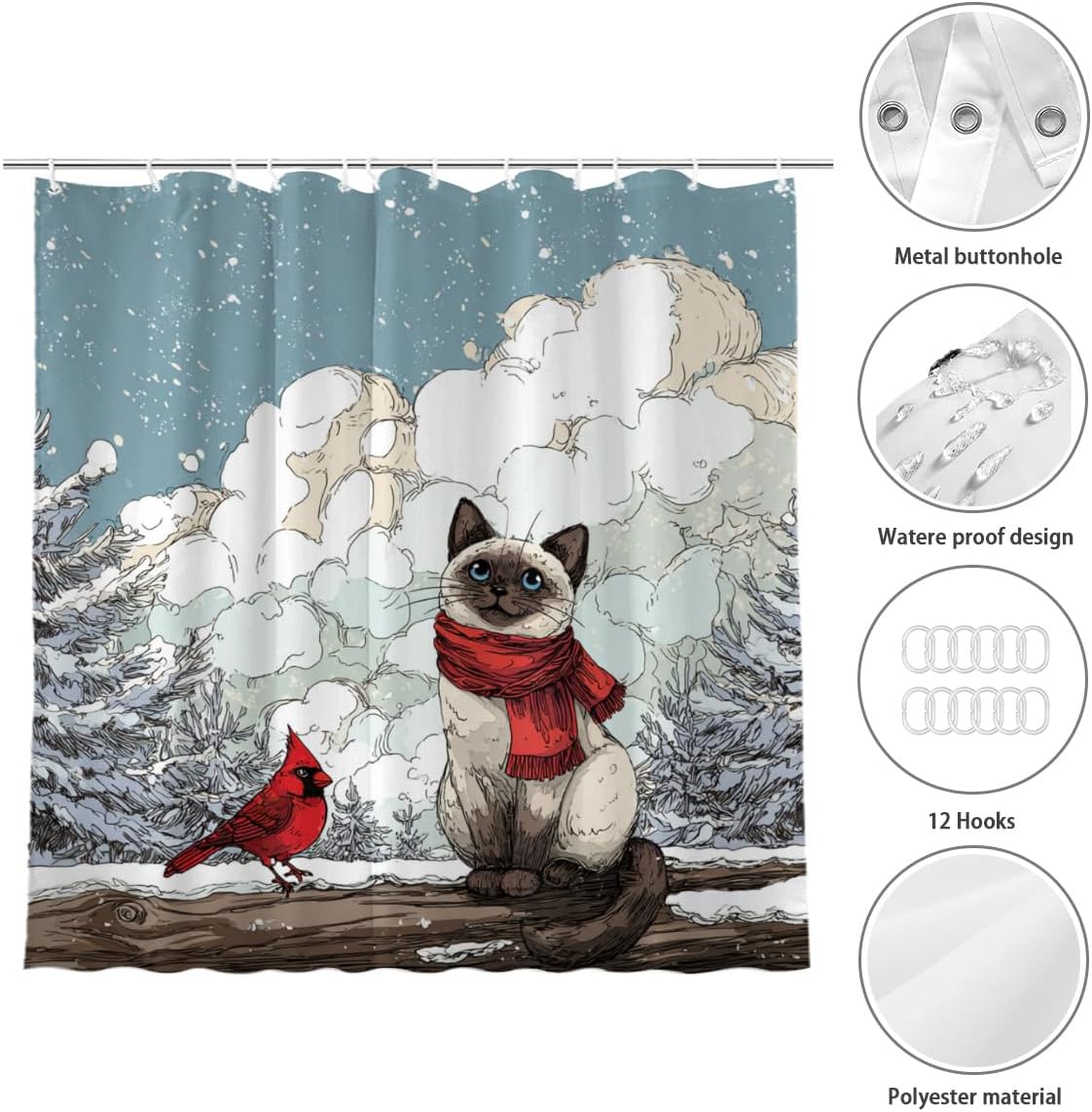 Winter Siamese Cat and Cardinal Shower Curtain Winter Snow Forest Cute Snowflake Nature Scenery 72x72 Inches Bathroom Decor Curtain with 12 Hooks