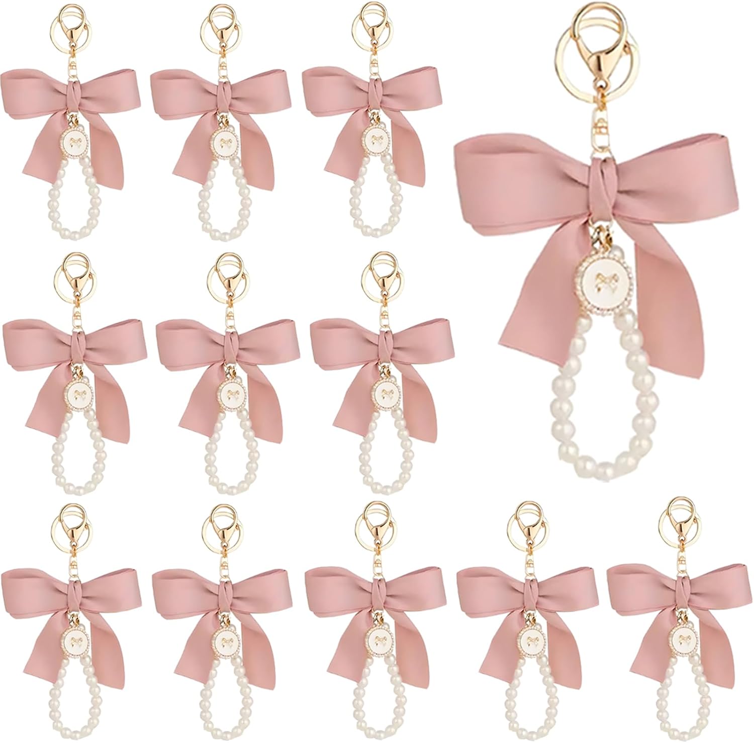 Bow Pearl Keychain, Bag Charm with Ribbon and Faux Pearls, Cute Metal Key Ring for Handbags Backpacks Keys, 12Pcs