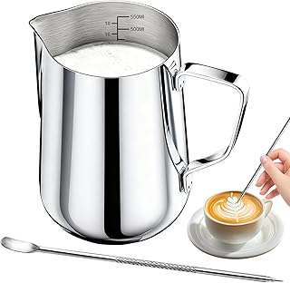 600ml/20oz Edelstahl Milchkännchen, Handheld Milchaufschäumer mit Dekorationsstift & Skala, Milchkanne Barista, Milchkanne Ideale für Espresso, Cappuccino, Latte, Silber