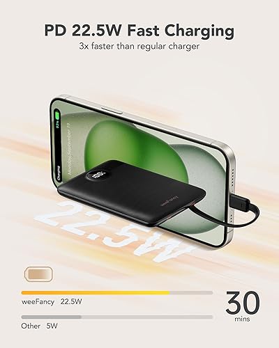 Miniatura 5 de Mini cargador portátil para iPhone, 10000 mAh pequeño PD 22.5 W cargador de energía de carga rápida con cables incorporados, Travel Essentials USB C