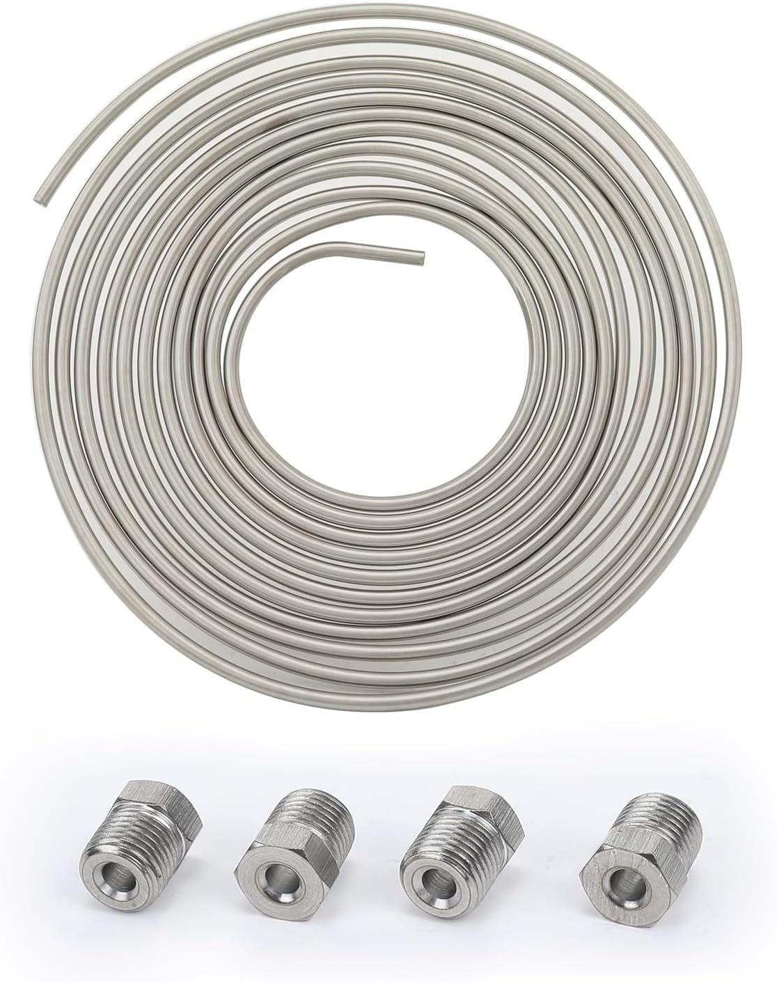AC PERFORMANCE 3/16" Stainless Steel Brake Line Hard Tube 16 Feet Coil with 4PCS 1/2 x 20 Inverted Flare Stainless Steel Tube Nuts