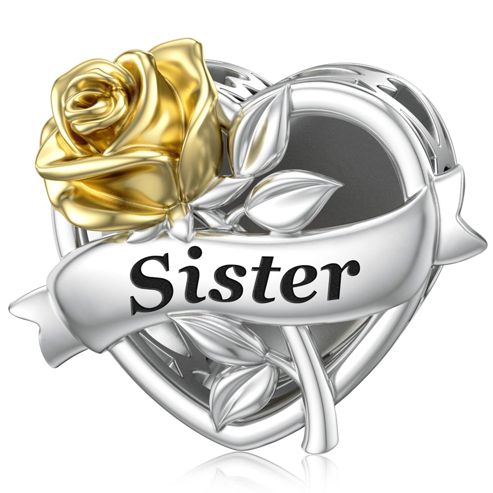 JIAYIQI Mom Grandma Daughter Wife Friend Sister Charm Fit Pandora Bracelet with Golden 3D Rose Flower Love Charm Valentines' Day Birthday Mother's Day Christmas Gift Women Gift, Sterling Silver