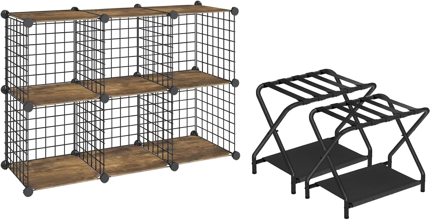 HOOBRO Luggage Rack and Wire Cube Storage Organizer, Pack of 2, Folding Suitcase Stand with Fabric Storage Shelf, 6-Cube Shelves, Modular Shelves with Metal Grid, BK04XLP201-BF06CW01