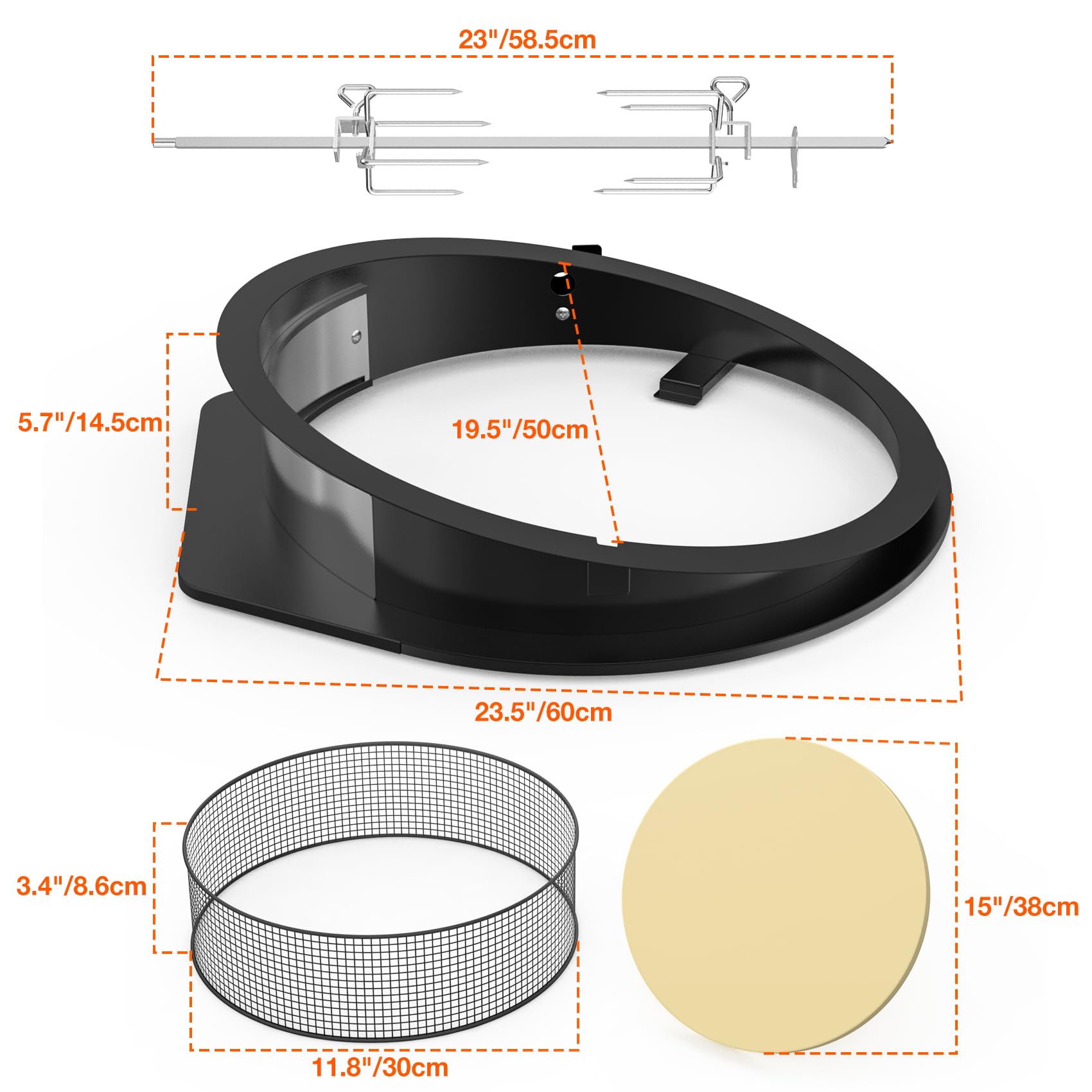 onlyfire PizzaRing Rotisserie Set für Weber 57 cm Kettle Holzkohlegrill, Grillspieß Set Drehspieß mit Motor, 38cm Pizzastein, Holzkohle-Ring, Pizzaeinsatz