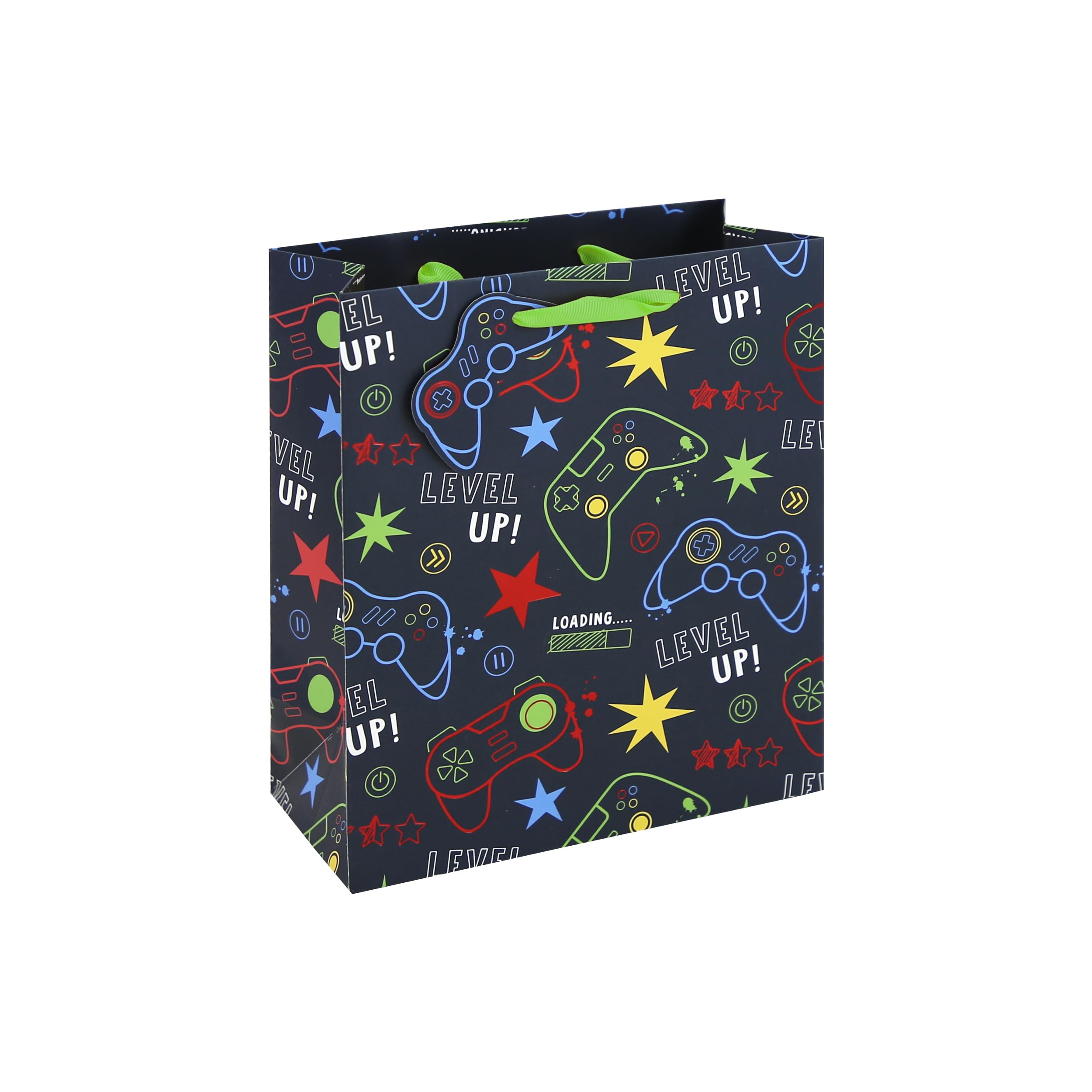 Eurowrap Level Up Medium Gift Bags Pack of 6 – Gaming Present Bags with Neon Controller Artwork, Foil Finish, Ribbon Handles & Gift Tags – Birthday & Celebration Packaging for Parties