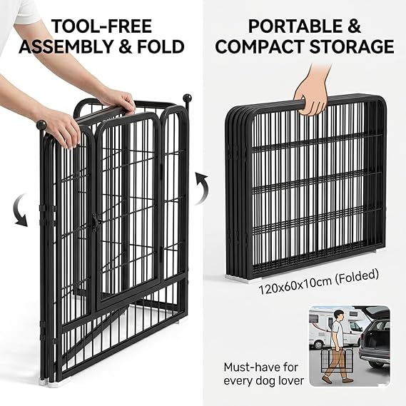 Dog Playpen 6 Panel, Heavy Duty Iron Pet Exercise Fence | Portable Puppy Play Pen Indoor Outdoor for Puppies, Cats, Rabbits and Other Animals, Suitable for RV/Camping, 120x60x60cm