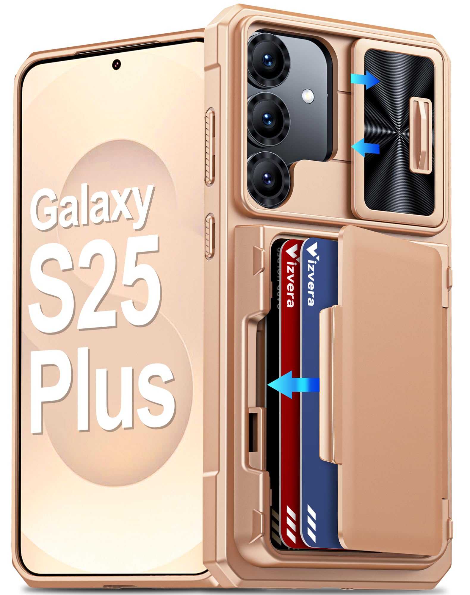 Vizvera for Galaxy S25+Plus Case Wallet RFID [Cards Holder][Camera Cover][Edge Raised] Full Body Rugged Shockproof Silicone Protective Phone Case for Galaxy S25+Plus 6.7"(Champagne Gold)