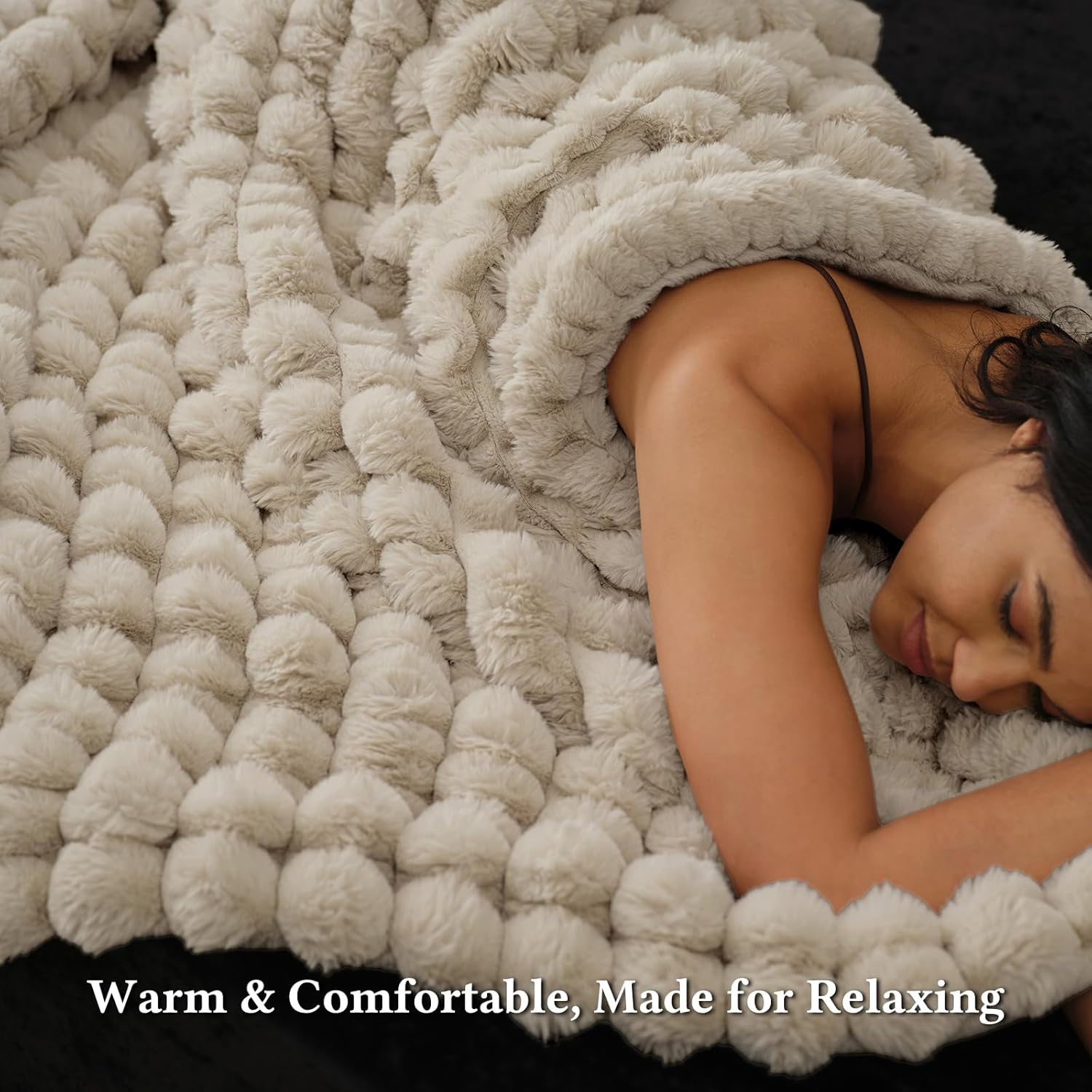 David's Home Reversible Faux Rabbit Fur Throw Blanket, Luxury Soft Thick Shaggy Warm Fuzzy Bubble for Couch, Bed, Cozy Plush Fluffy Decorative for Fall Winter, Oak, 50 "* 60" - Image 6