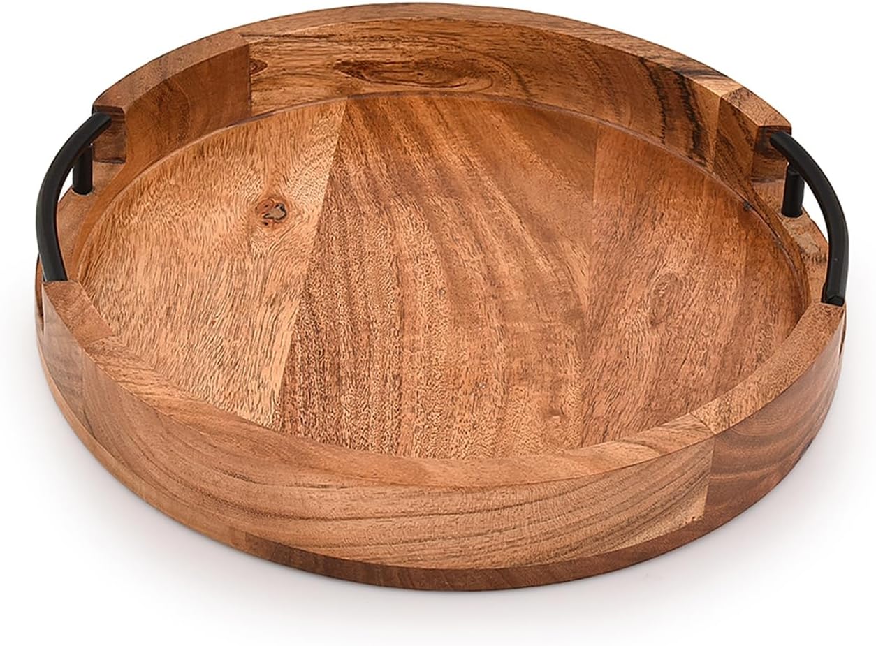 Tray Acacia Wood Round Serving Tray with Iron Handles for Coffee Table Decor Centerpiece Kitchen Counter (12" X 12" X 1.6")