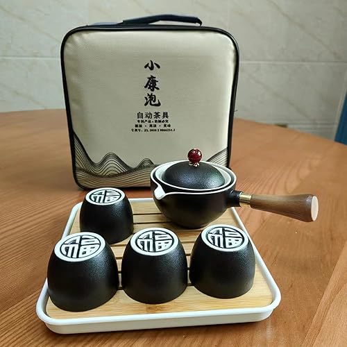 Miniatura 4 de Youngky - Juego de té de cerámica china de gongfu, juego de té portátil de viaje con cafetera de té de rotación 360 e infusor, bolsa de regalo todo