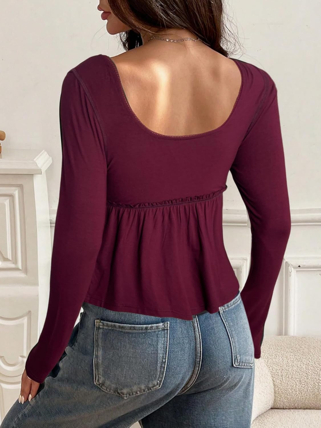 SOLY HUX Women's Babydoll Tops Long Sleeve Henley Shirts Cute Square Neck Coquette Peplum Top - Image 2