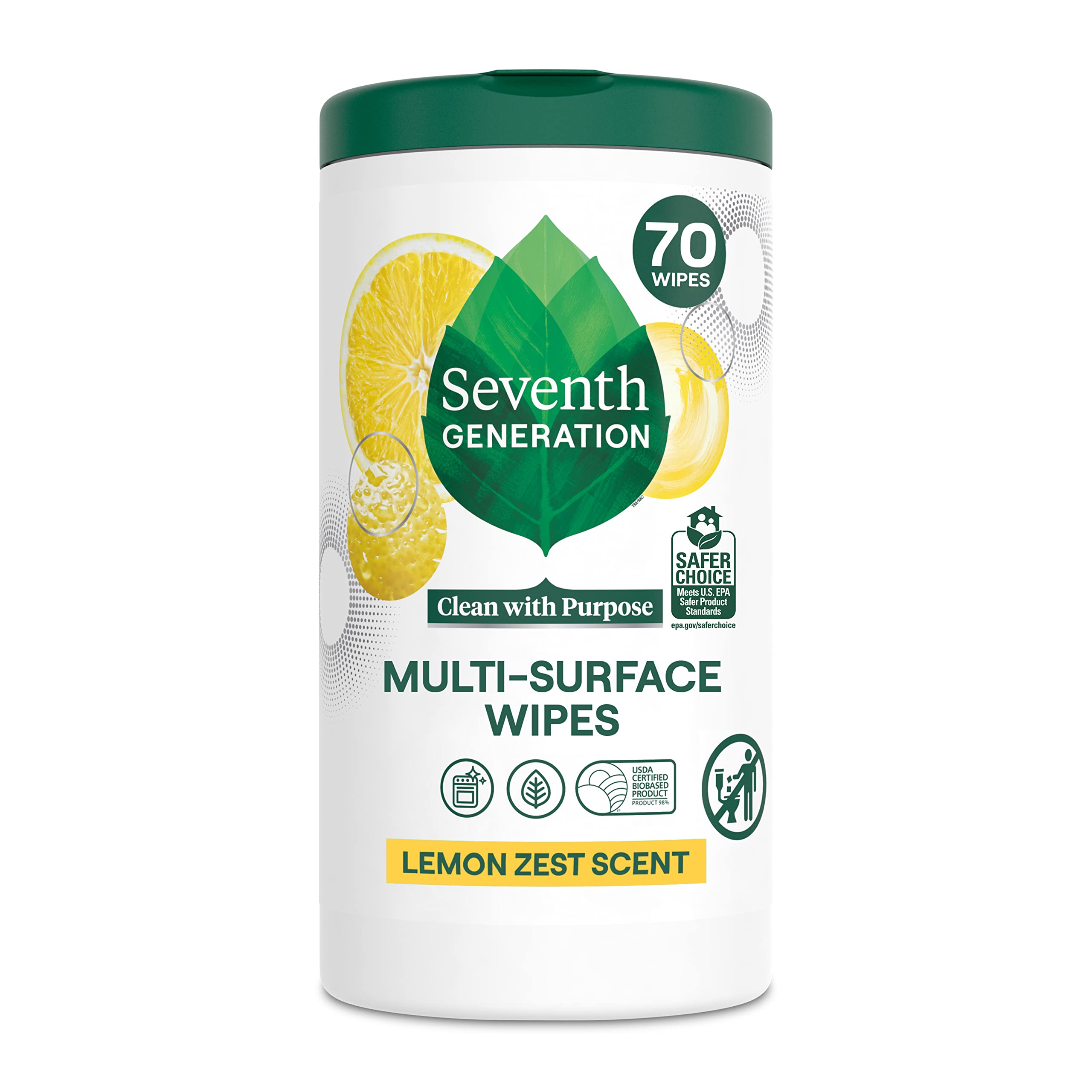Seventh Generation Multi-​Surface Cleaning Wipes, Lemon Zest Scent, Cuts Grease & Grime, 70 Wipes