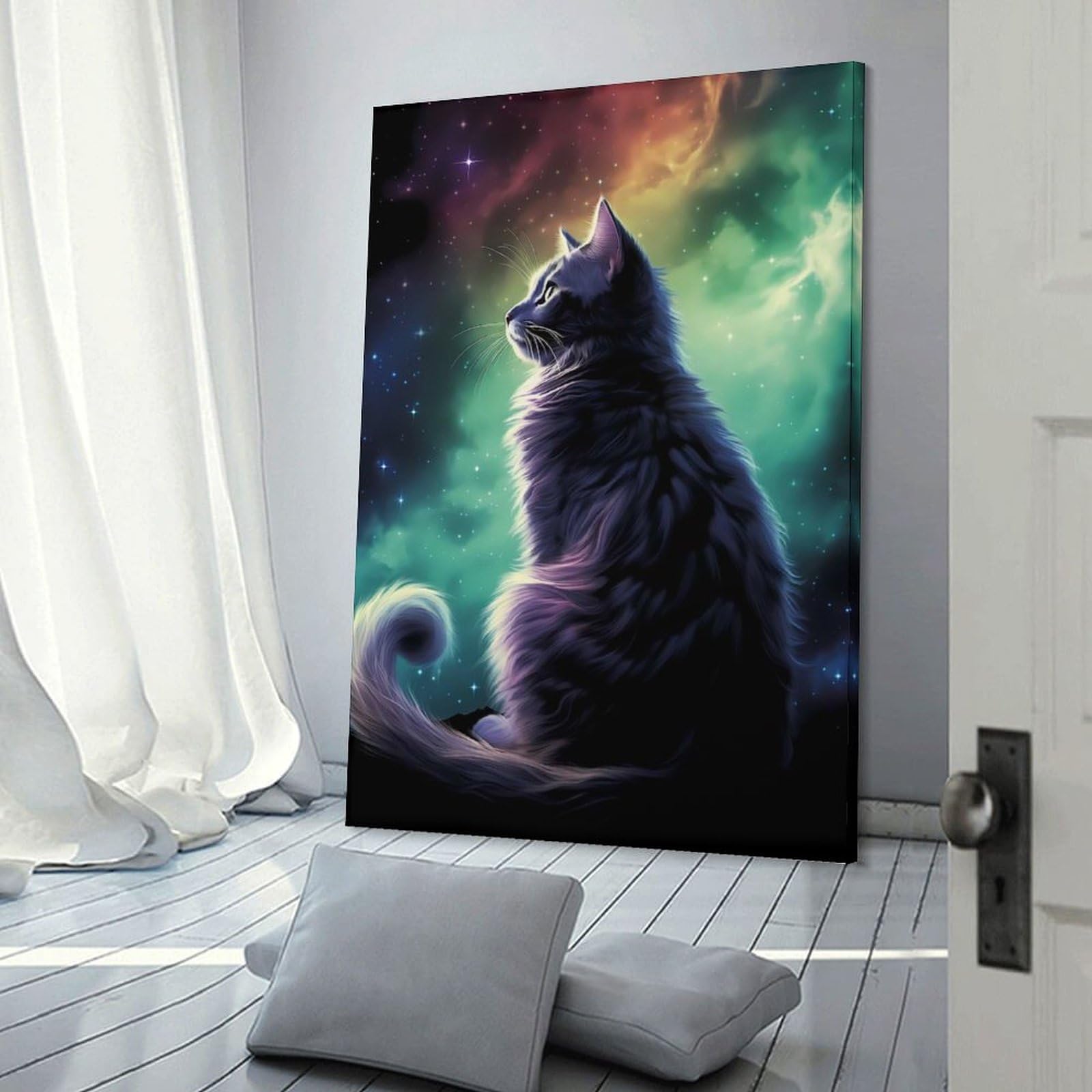Junmoney Frame-Style-7 Aurora Borealis Cat Room Decor Wall Art, 24X36inch(60X90cm), For Living Room, Bedroom, Office Or Hallway, Decorative Artwork With Broad Appeal