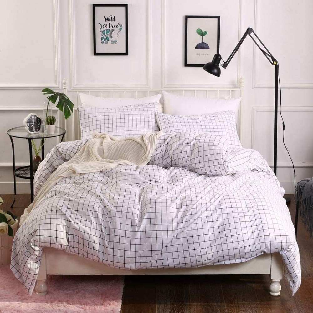 Loussiesd 3 Pieces Solid Microfiber Duvet Cover King Size with Zipper Closure,Rustic Farmhouse Bedding Cover/White Trellis Checkered Modern Decorative Comforter Cover for Women Girls — image 1