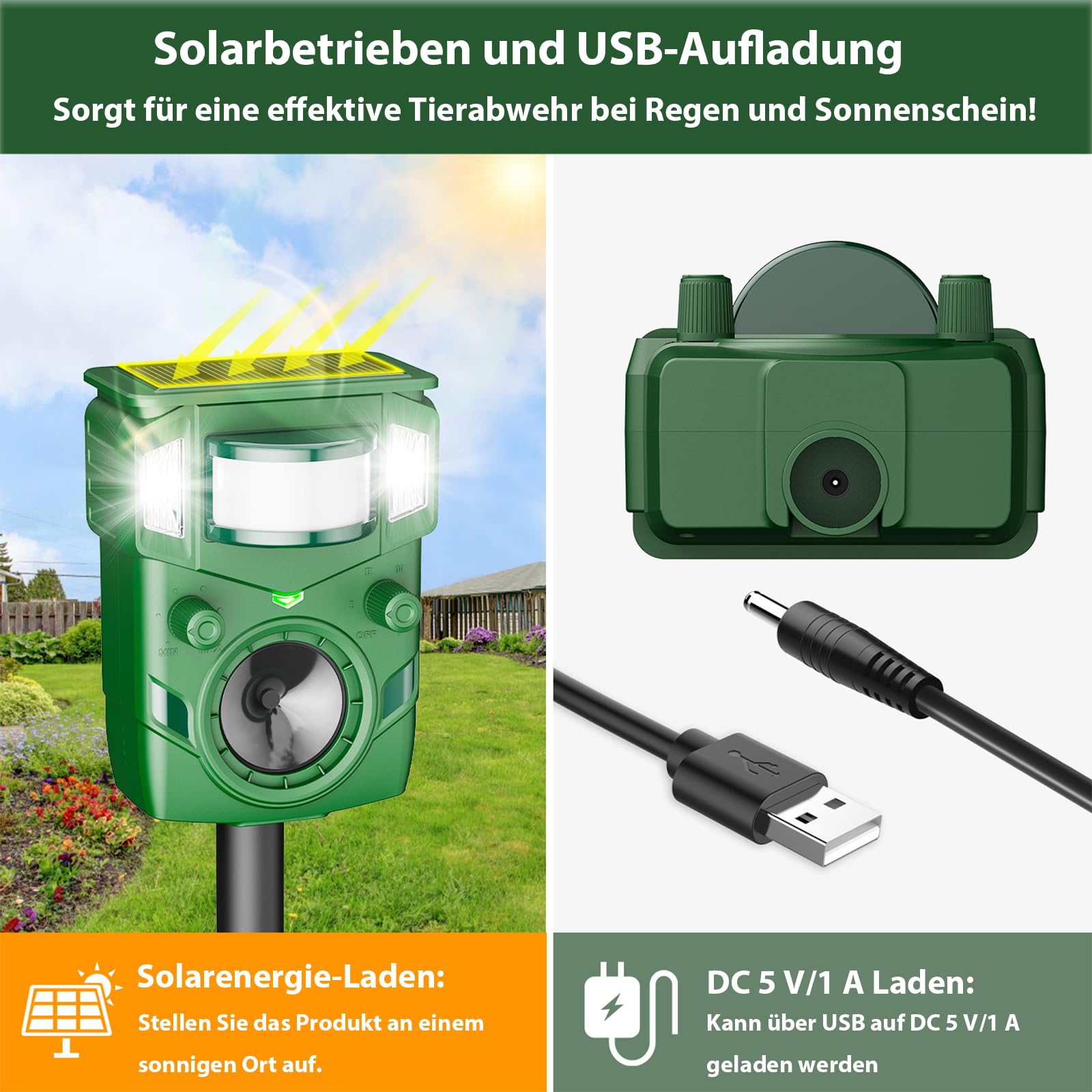 Ahuyentador de gatos ultrasónico solar – 2025 sensor de movimiento mejorado disuasivo para gatos, perros, martas, ciervos y ardillas, protección contra animales con sensor PIR y flash, IP65 resistente
