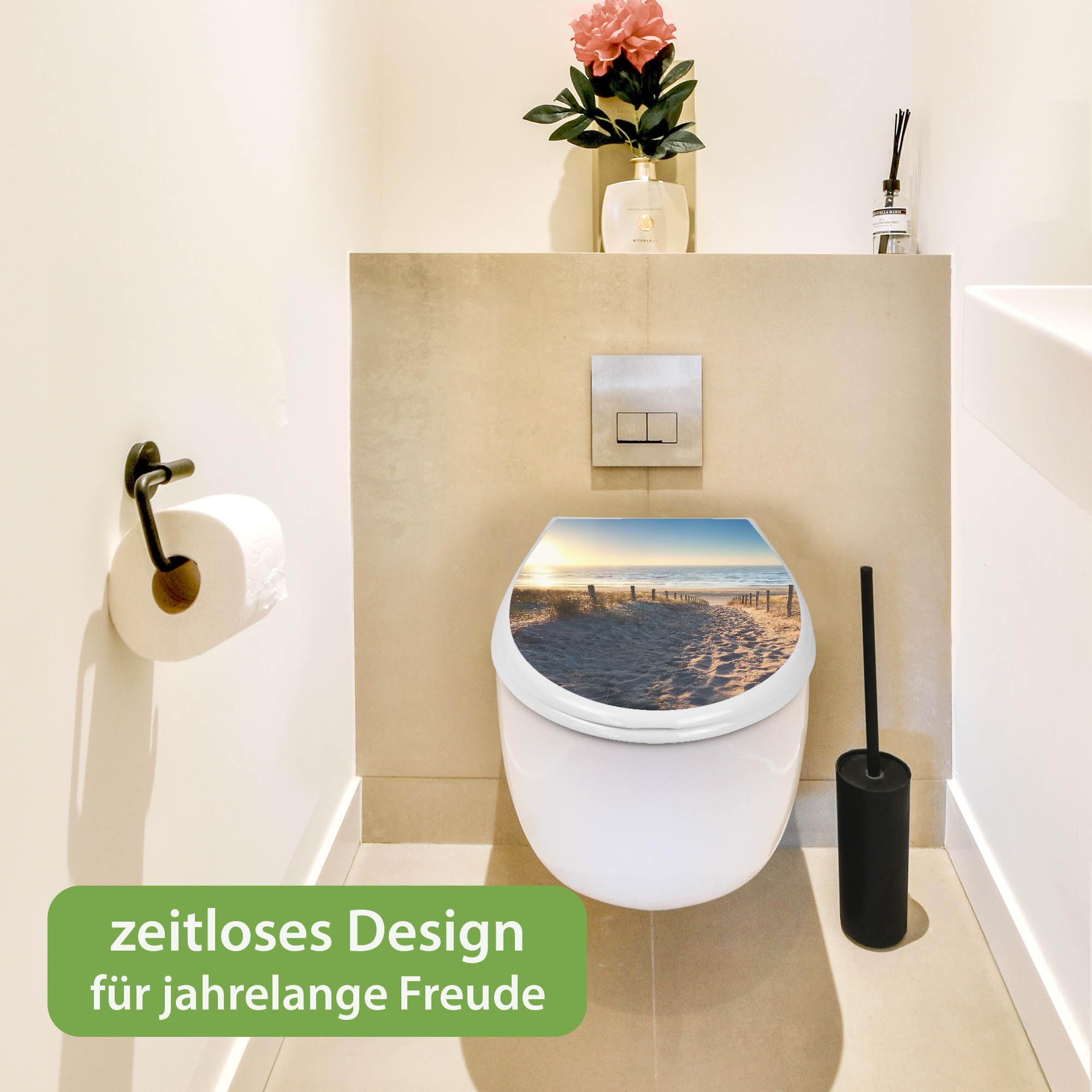banjado Familien WC Sitz mit Absenkautomatik 44,9x37,1cm - Klobrille mit Kindersitz aus hochwertigem Polypropylen - Toilettendeckel mit Kinder Toilettensitz integriert - Motiv Nordseestrand