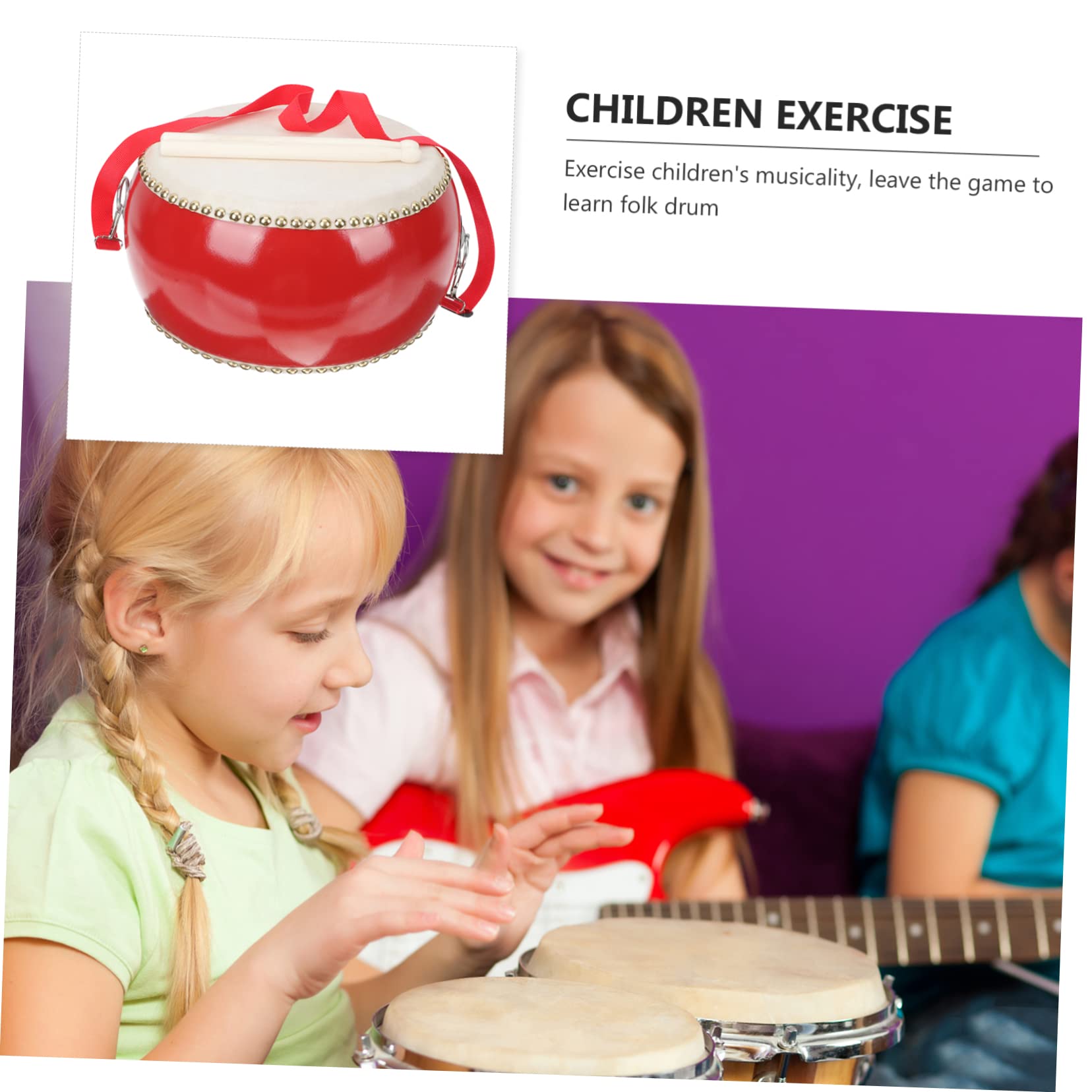 Tamburo Musicale Giocattolo Rosso in Legno con Bacchetta | Pelle Bovina, Fine Lavorazione, per Educazione Musicale e Feste, Decorazioni Scuola, per Adulti e Bambini Stile Casuale