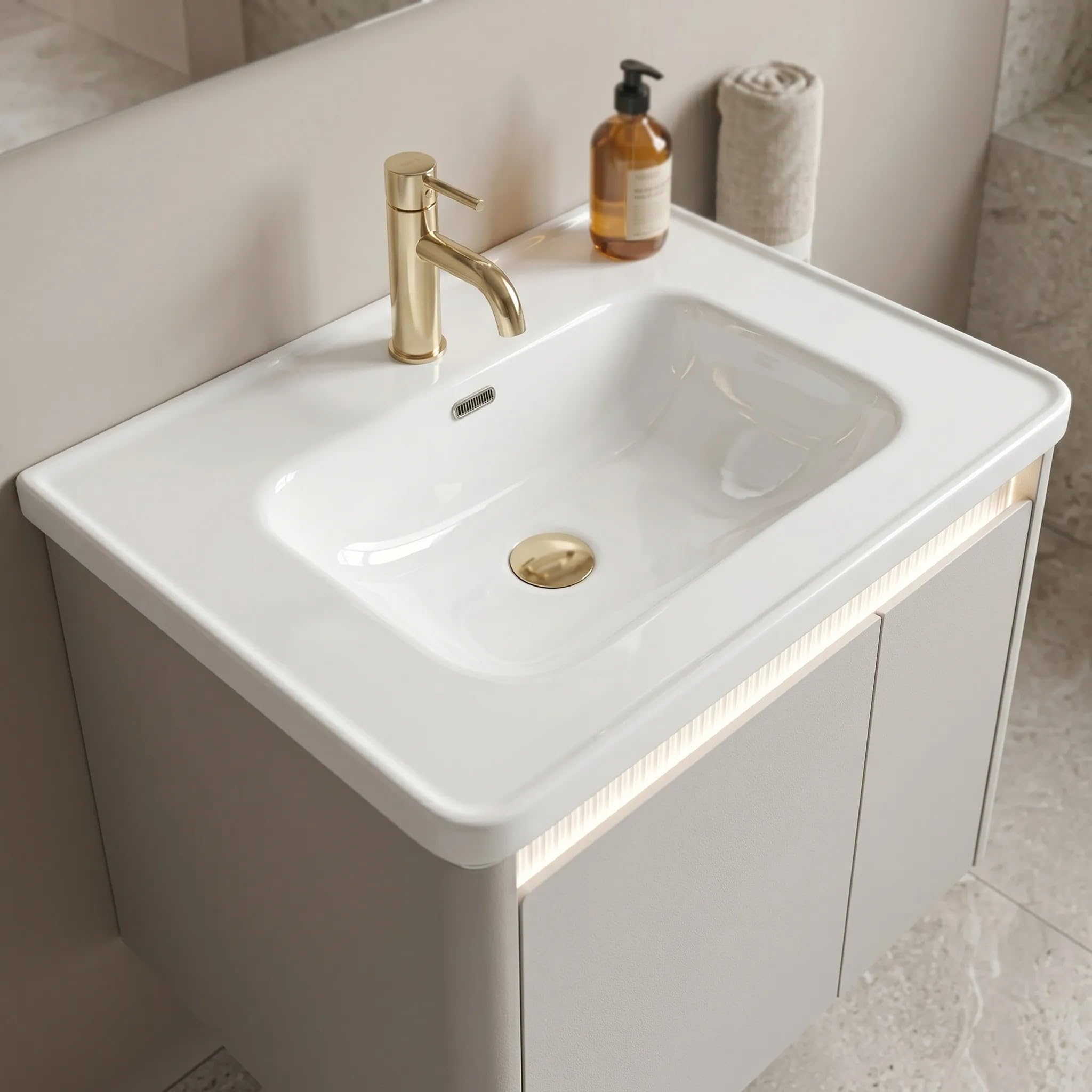 Rea - Zestaw Mebli Łazienkowych Z Umywalką De07-60 Beige 60cm - 51x60,5x48,5 cm