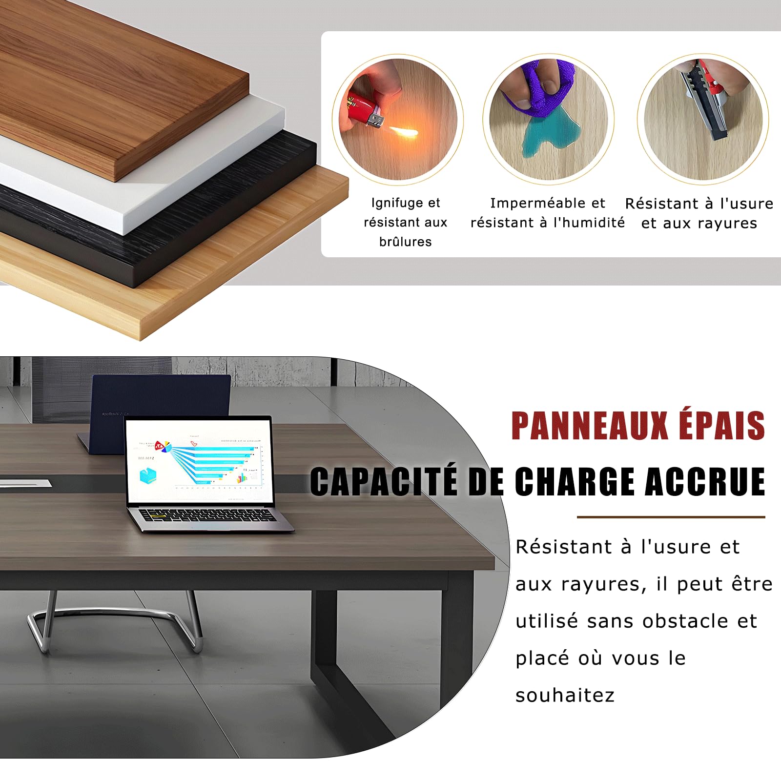 Grande Table de réunion – Bureau conférence pour 6 à 12 Personnes – Design Bois élégant – Installation Simple – Idéale pour Bureau, coworking, séminaires, écoles – (Chaises Non incluses)