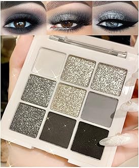 evpct 9 Colors Silver Gray Glitter Eyeshadow Palette, Black Smokey Grey and Silver White Sparkle Glitter Shimmer Shiny Eye Shadow Palette Makeup for older Women, High Pigment Eyeshadow Sombra de ojos