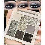 evpct 9 Colors Silver Gray Glitter Eyeshadow Palette, Black Smokey Grey and Silver White Sparkle Glitter Shimmer Shiny Eye Shadow Palette Makeup for older Women, High Pigment Eyeshadow Sombra de ojos