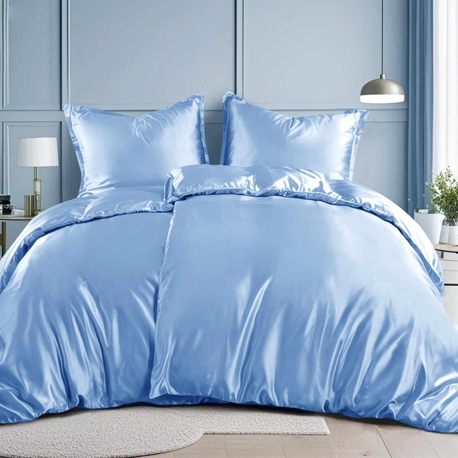 RUIKASI Satin Bettwäsche 135x200 4teilig - Seidig Bettbezug Blau wie Seiden Bettwäsche Set Hellblau für Haar und Haut, Glänzend Bettwäsche 135x200cm mit Reißverschluss und Kissenbezug 80x80cm