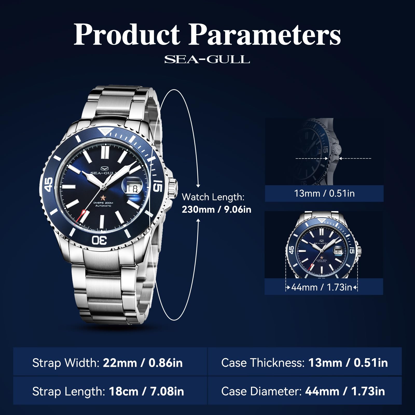 Seagull Herren Automatik Mechanische Taucheruhr Edelstahl Wasserdicht Business Dress Luminous Kalender Armbanduhren 44mm Ocean Series