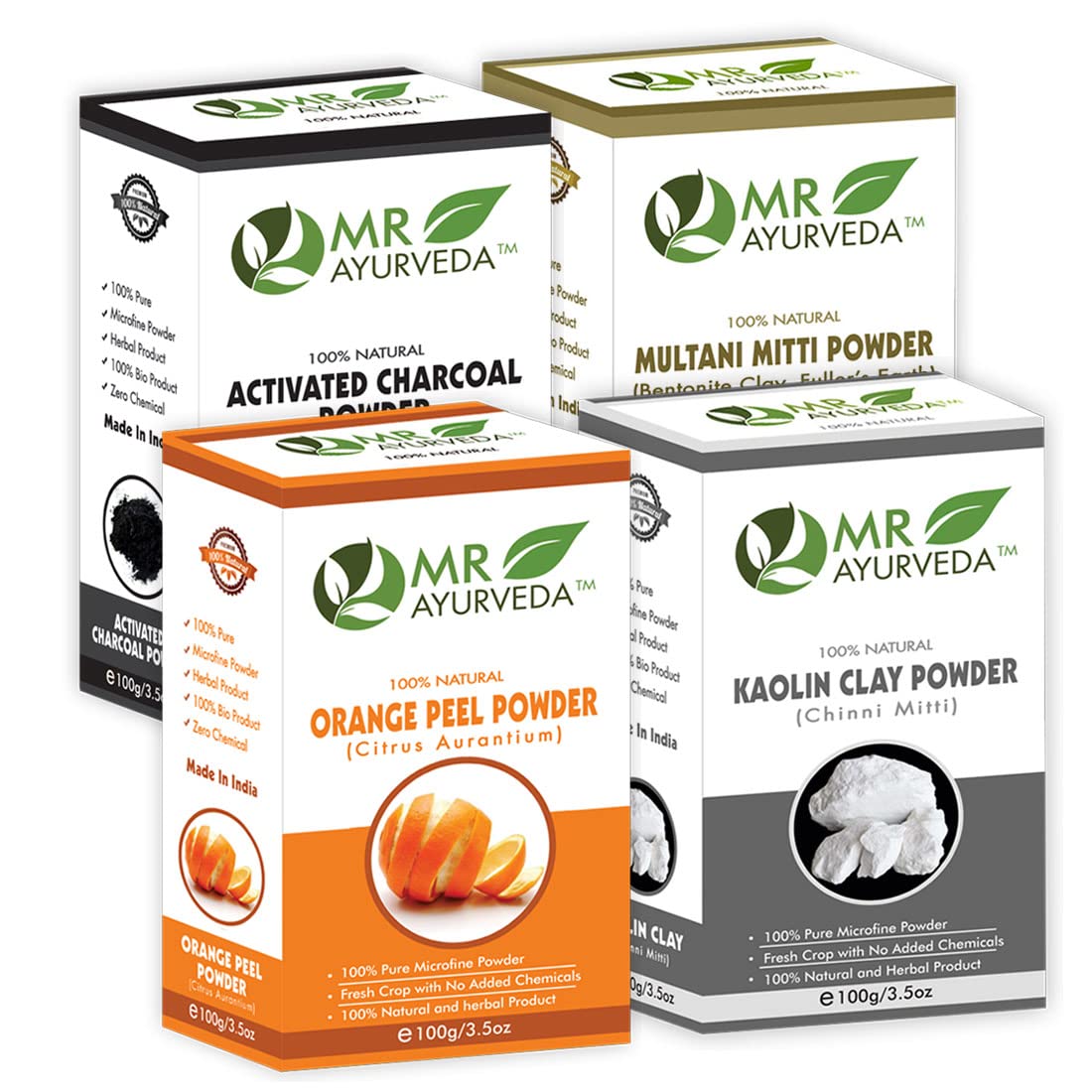 MR Ayurveda Kaolin Clay Powder, Orange Peel Powder, Activated Charcoal Powder & Multani Mitti Powder - Set of 4 (100 Grams Each)-image-2