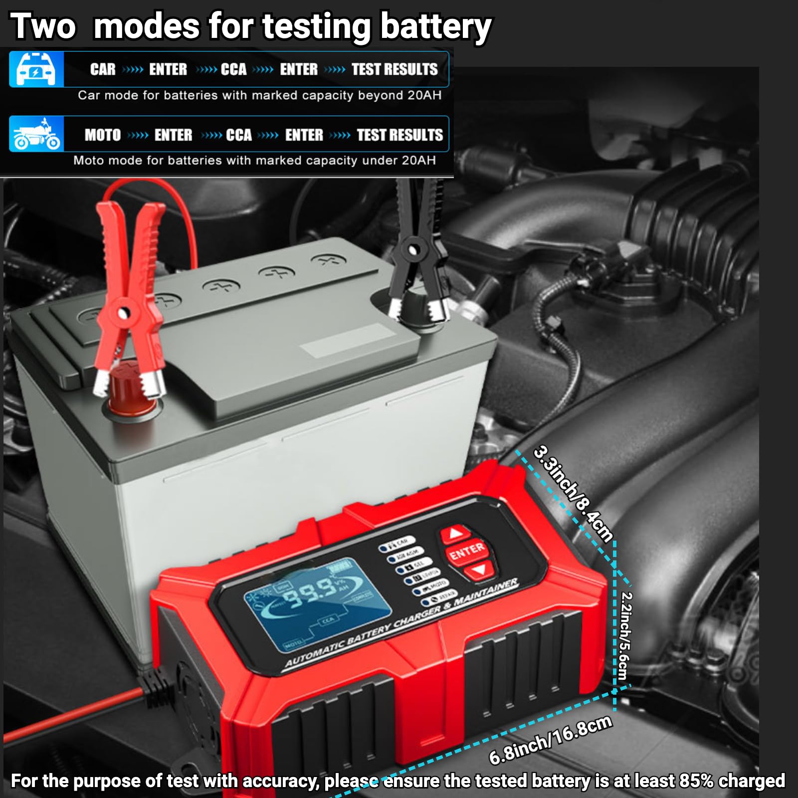 3-w-1 inteligentna ładowarka akumulatorów samochodowych, tester i konserwator 12 V 6 A – regenerator impulsów do pojazdów elektrycznych, motocykli, kosiarek, akumulatorów morskich,LiFePO4, AGM,2-200Ah