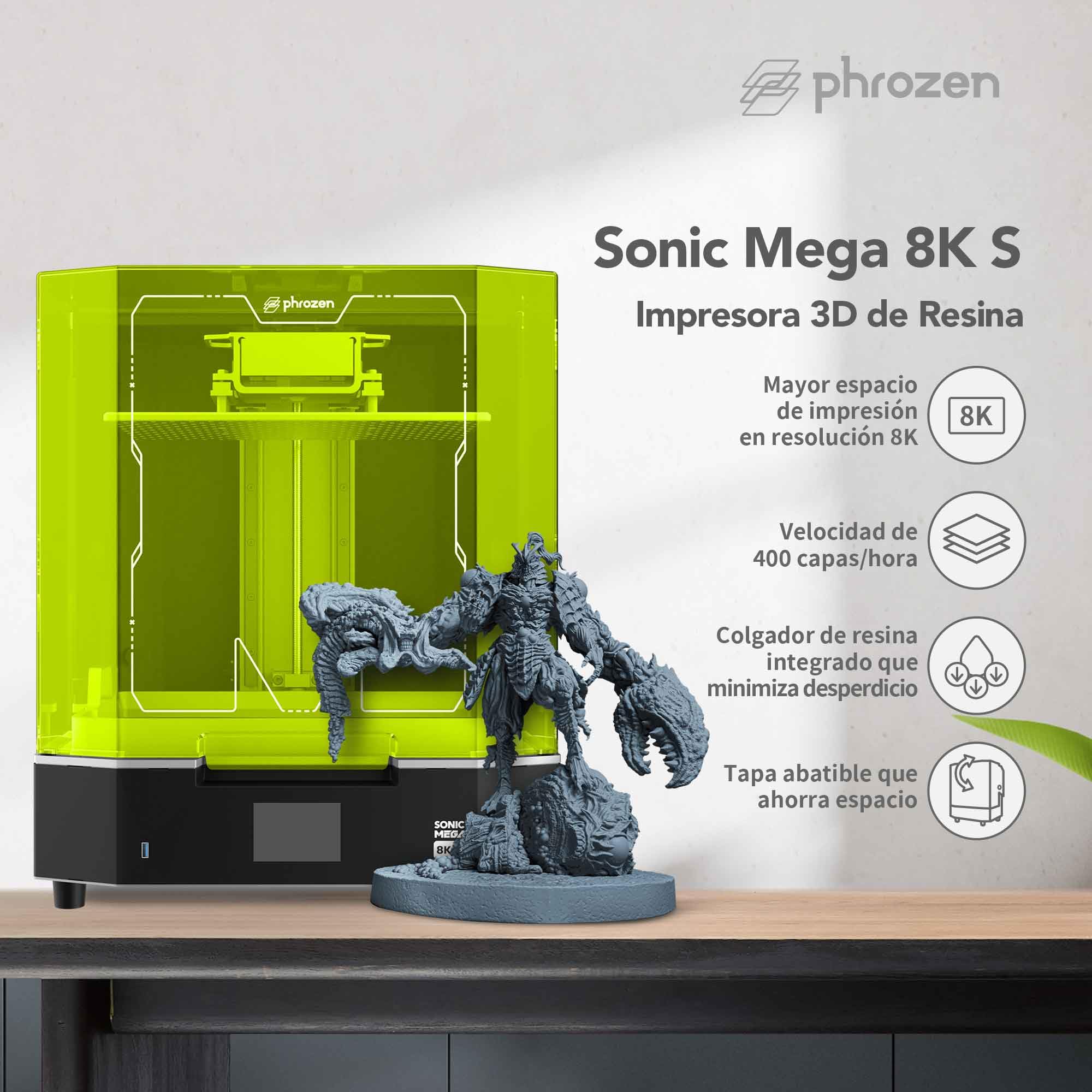 Phrozen Sonic Mega 8K S Impresora 3D de Resina Profesional de Gran Formato | LCD Monocroma 15" 8K, 43 μm | Volumen 330 × 185 × 300 mm | para Miniaturas, Prototipado y Producción