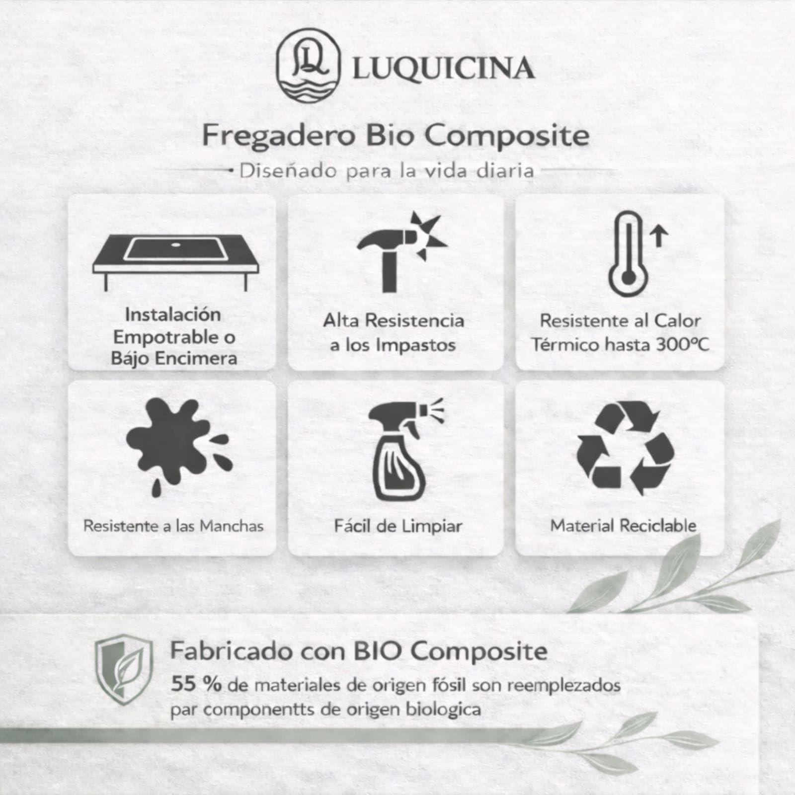 LD54BL – Fregadero de cocina 1 seno negro – Composite BIO – Empotrable o Bajo Encimera – 55 x 45 x 20,8 cm