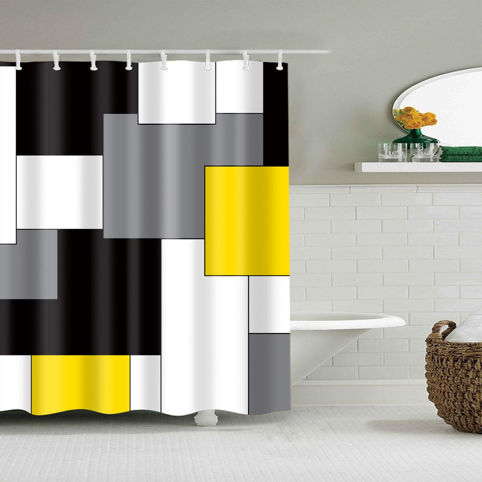 BOYOUTH Black,Grey,Yellow,White Geometry Pattern Digital Print Shower Curtains for Bathroom,Polyester Waterproof Fabric Bath Curtain with 6 Hooks,50x78 Inches,Multicolor — image 1