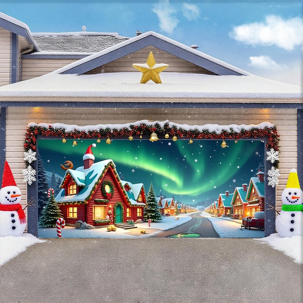 Zfflyh Aurora Christmas Garage Door Cover Large Garage Door Banner Christmas Decoration Backdrop For Holiday Party Indoor Outdoor House Decoration,,8X7ft