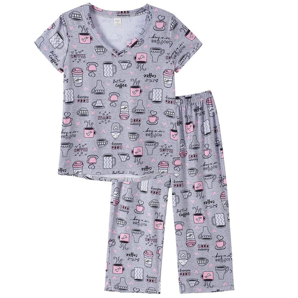 YIJIU Women's Short Sleeve Tops and Capri Pants Cute Cartoon Print Pajama Sets, Coffee, X-Large